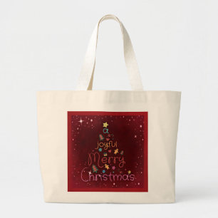 Een vrolijke kerstgroet met vrolijke groet op rood grote tote bag
