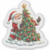 Een vrolijke kerstman die vrolijk een kerstboom ve sticker (Voorkant)