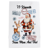 Een vrolijke kerstman met zijn magische vakantieza medium cadeauzakje (Achterkant)