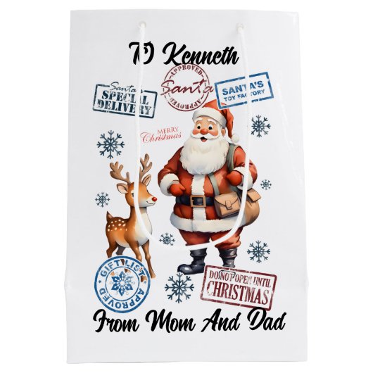 Een vrolijke kerstman met zijn magische vakantieza medium cadeauzakje (Achterkant)