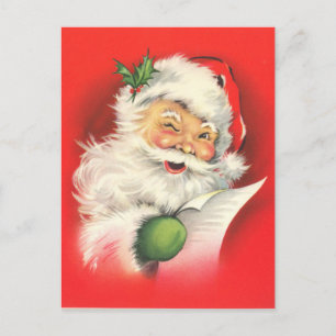 Een vrolijke knipogende kerstman die zijn lijst le briefkaart