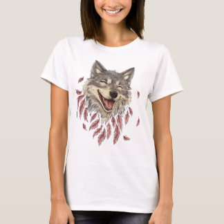 Een vrolijke lachende wolf in veren t-shirt