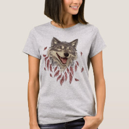 Een vrolijke lachende wolf in veren t-shirt