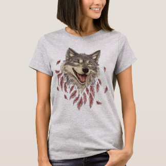 Een vrolijke lachende wolf in veren t-shirt