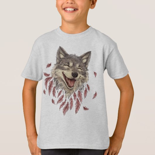 Een vrolijke lachende wolf in veren t-shirt (Voorkant)