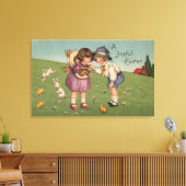Een vrolijke paaskinderen die een bunny vasthouden canvas afdruk (Insitu (Woonkamer))