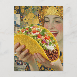 Een vrolijke surreële vrouw met een enorme taco briefkaart