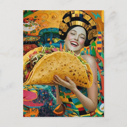 Een vrolijke vrouw met gigantische taco briefkaart (Voorkant)