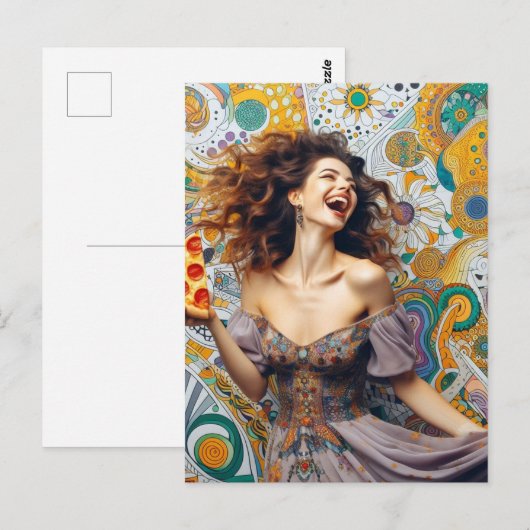 Een vrolijke vrouw met Pepperoni Pizza Briefkaart (Voorkant / Achterkant)