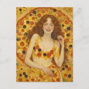 Een vrolijke vrouw met pizzajurk briefkaart