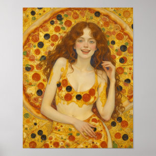 Een vrolijke vrouw met pizzajurk poster