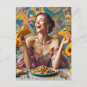 Een vrolijke vrouw met taco's briefkaart