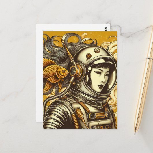 Een vrouw astronaut en een goudvis briefkaart (Voorkant / Achterkant in situ)