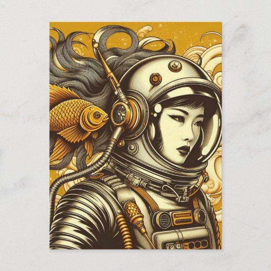 Een vrouw astronaut en een goudvis briefkaart (Voorkant)