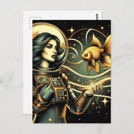 Een vrouw astronaut en een goudvis Scifi Briefkaart (Voorkant / Achterkant)