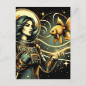 Een vrouw astronaut en een goudvis Scifi Briefkaart (Voorkant)