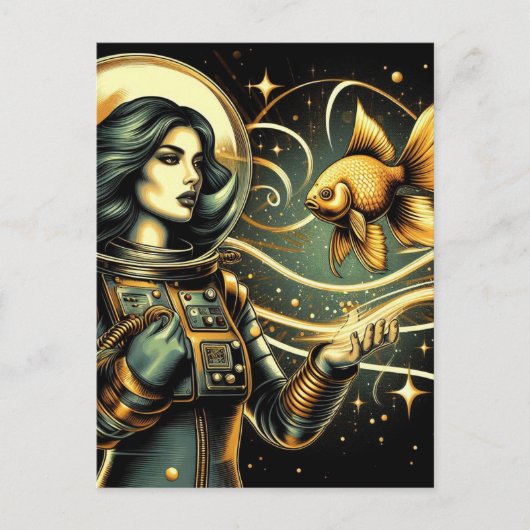 Een vrouw astronaut en een goudvis Scifi Briefkaart (Voorkant)
