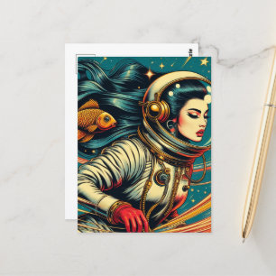 Een vrouw astronaut en een goudvis Scifi Retro Briefkaart