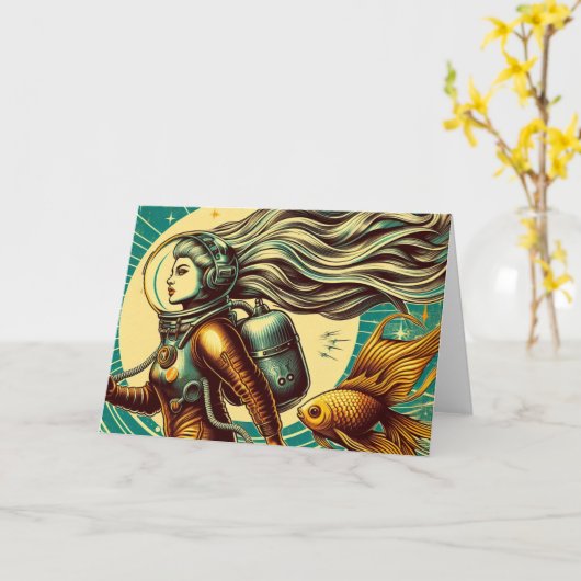 Een vrouw astronaut en goudvis Retro Alle Gelegenh Kaart (Gele Bloem)