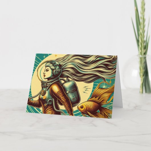 Een vrouw astronaut en goudvis Retro Alle Gelegenh Kaart (Voorkant)