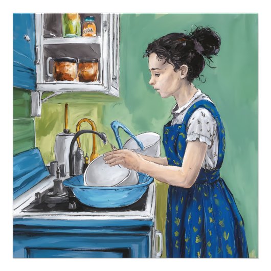 Een vrouw die afwas in een blauwe keuken. foto afdruk (Voorkant)