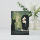 Een vrouw die geniet van koffie en haar zwarte kat briefkaart (Staand voorkant)