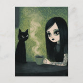 Een vrouw die geniet van koffie en haar zwarte kat briefkaart (Voorkant)