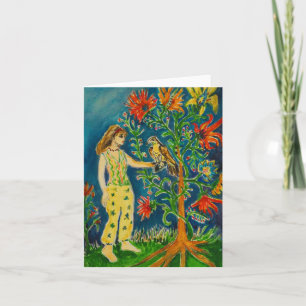 Een vrouw die naast een fantasieboom staat feestdagen kaart