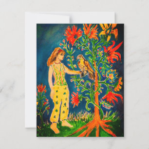 Een vrouw die naast een fantasieboom staat notitiekaartje
