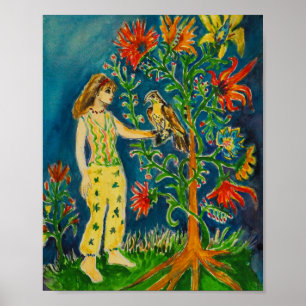 Een vrouw die naast een fantasieboom staat poster