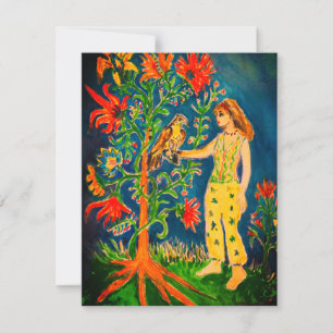 Een vrouw die naast een fantasieboom staat RSVP kaartje
