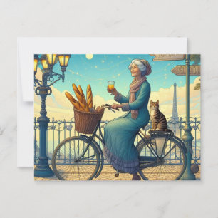 Een vrouw die op een fietskat rijdt briefkaart