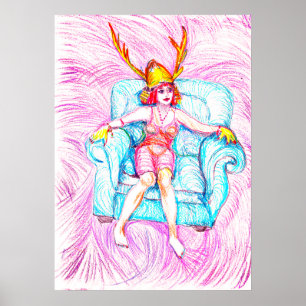 Een vrouw draagt een samoerai helm poster