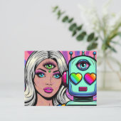 Een vrouw en een robot met een derde oog briefkaart (Staand voorkant)