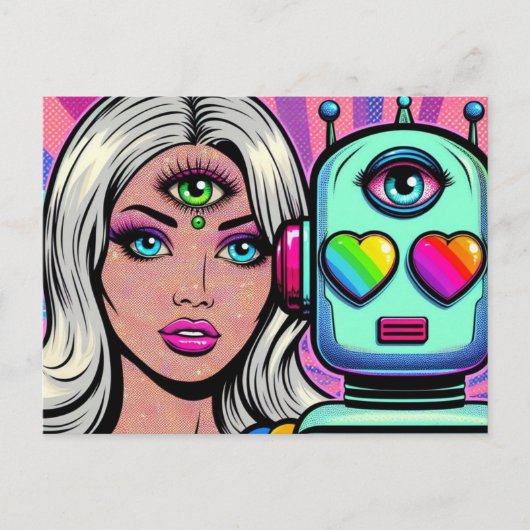 Een vrouw en een robot met een derde oog briefkaart (Voorkant)