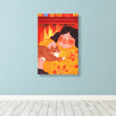 Een vrouw en haar kat canvas afdruk (Insitu (Houten vloer))