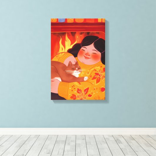 Een vrouw en haar kat canvas afdruk (Insitu (Houten vloer))