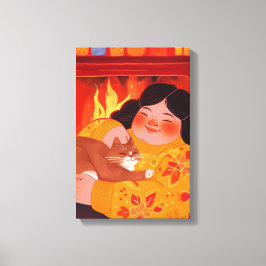 Een vrouw en haar kat canvas afdruk