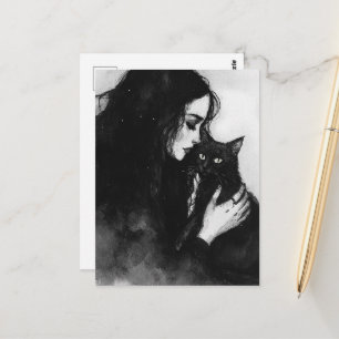 Een vrouw en haar zwarte kat briefkaart