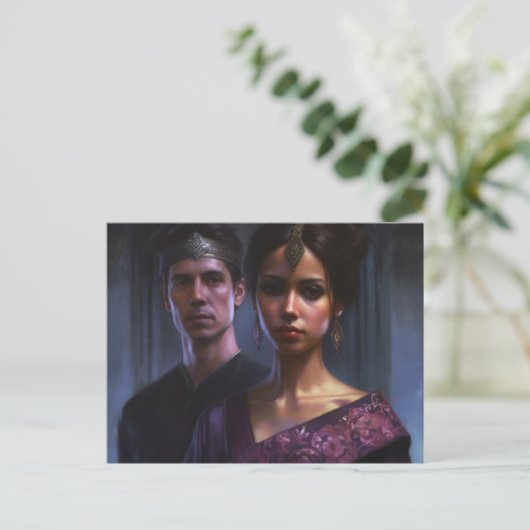Een vrouw en Man gekleed in Royal Paarse met kroon Briefkaart (Staand voorkant)