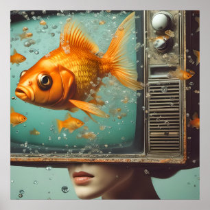 Een vrouw goldfish tv hoofd retro alle gelegenheid poster