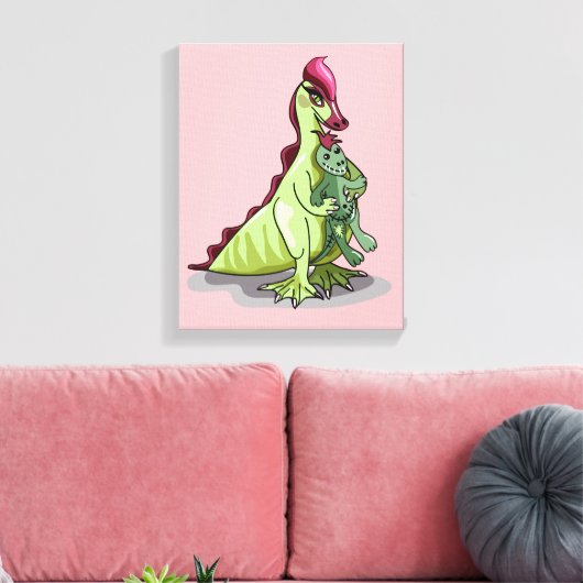 Een Vrouw Hadrosaurus met een pop. Canvas Afdruk (Insitu (Woonkamer))
