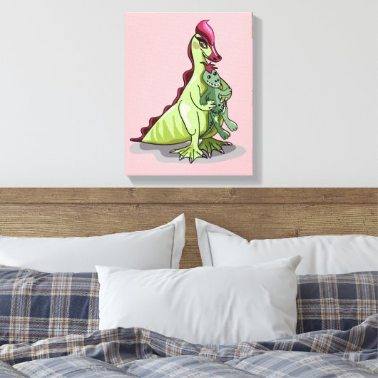 Een Vrouw Hadrosaurus met een pop. Canvas Afdruk (Insitu (Slaapkamer))