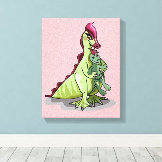 Een Vrouw Hadrosaurus met een pop. Canvas Afdruk (Insitu (Houten vloer))