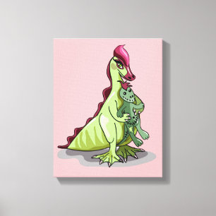 Een Vrouw Hadrosaurus met een pop. Canvas Afdruk