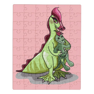Een Vrouw Hadrosaurus met een pop. Puzzel