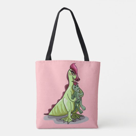 Een Vrouw Hadrosaurus met een pop. Tote Bag (Achterkant)