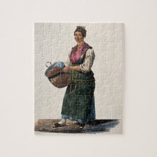 Een vrouw heeft een ketel gekookte kastanjes in ee legpuzzel