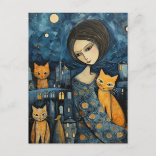Een vrouw in de stad 's nachts met haar katten briefkaart