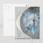 Een vrouw in een blauwe jurk op een vleugel briefkaart (Voorkant / Achterkant)